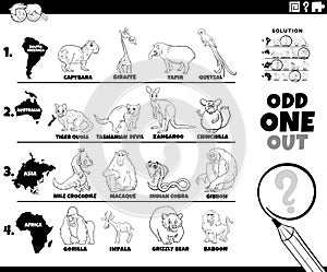 Odd one out animal picture game coloring book page photo