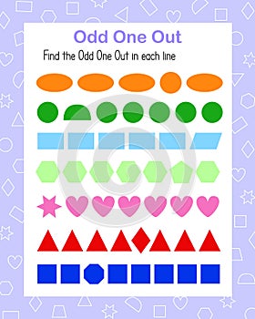 Odd One Out find and circle different geometry shape in line vector illustration, educational printable worksheet