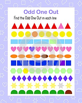 Odd One Out find and circle geometry shape of different color in line vector illustration, educational printable worksheet