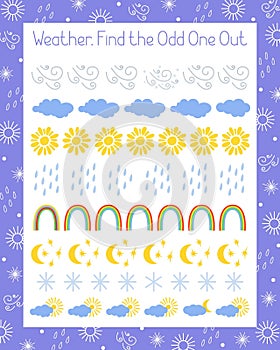 Odd One Out find and circle weather element that differs from others in line vector illustration