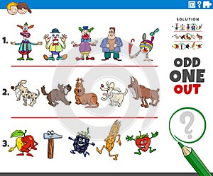 Odd one out game with cartoon animal and object characters