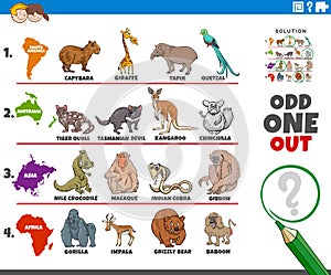 Odd one out picture game with animals and continents