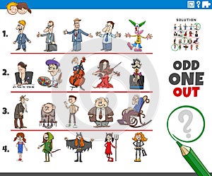 Odd one out picture game with cartoon people characters