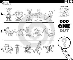 Odd one out puzzle with cartoon characters coloring page