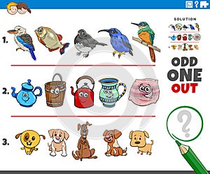 Odd one out task with cartoon animal and object characters