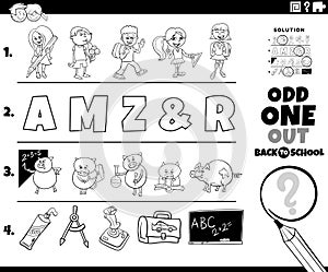 Odd one out task with cartoon characters coloring page