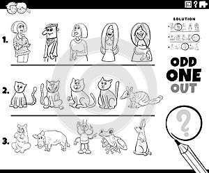 Odd one out task with cartoon characters coloring page