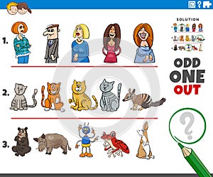 Odd one out task with cartoon people and animal characters