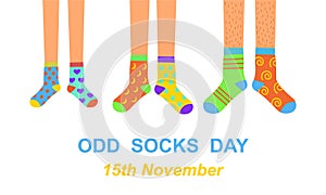 Odd socks day anti bullying week banner. Man, woman, and children feet in different colorful crazy socks. Vector flat