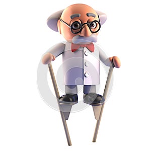 Oddball mad scientist professor character walking on stilts, 3d illustration