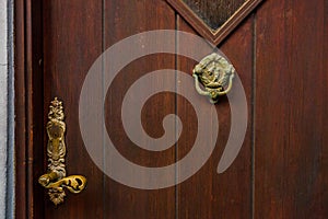 Odense, Denmark: Old wooden door. Beautiful traditional houses on the street in Odense