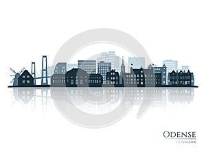 Odense skyline silhouette with reflection.