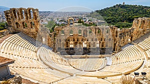Odeon of Herodes Atticus at Acropolis of Athens, Greece. It is one of top landmarks of Athens. Panoramic view of ancient theater