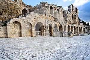 Odeon of Herodes Atticus  in Athens, Greece. Also known as Herodeion or Herodion  is a stone Roman theater located on Acropolis