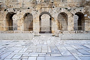 Odeon of Herodes Atticus facade entrance  in Athens, Greece. Also known as Herodeion is a stone Roman theater located on Acropolis