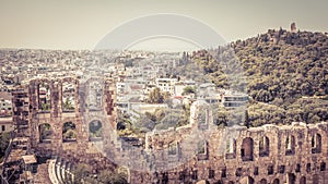 Odeon of Herodes Atticus overlooking Athens city, Greece