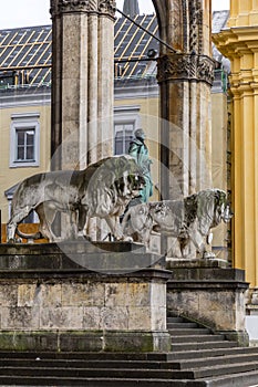 Lion statue at Odeonsplatz at where significant structures like Feldherrnhalle, in Munich, Bavaria, Germany photo