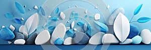 odern web template with white for decoration design. White and blue stones with blue leaf scattered. Tropical