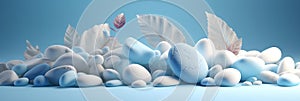 odern web template with white for decoration design. White and blue stones with blue leaf scattered. Tropical