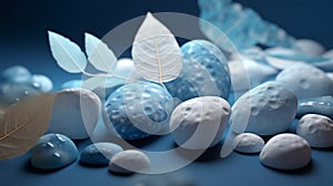 odern web template with white for decoration design. White and blue stones with blue leaf scattered. Tropical