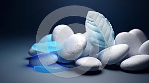 odern web template with white for decoration design. White and blue stones with blue leaf scattered. Tropical