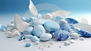 odern web template with white for decoration design. White and blue stones with blue leaf scattered. Tropical