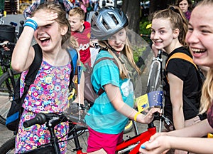 The event bicycle day. Bicyclists, adults and children, their portraits