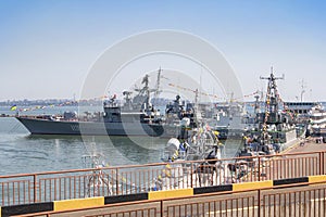 Odesa, Ukraine - July 03, 2016: Battleship HETMAN SAHAYDACHNY docked at Port during celebration day NAVY forces