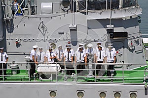 Odesa, Ukraine - July 03, 2016: Crew of warship 'Yuri Olefrienko' stands on the deck and preparing to meet the President