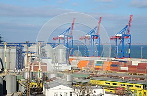 Odessa cargo port with grain dryers and colourful cranes,Ukraine,Black Sea,Europe