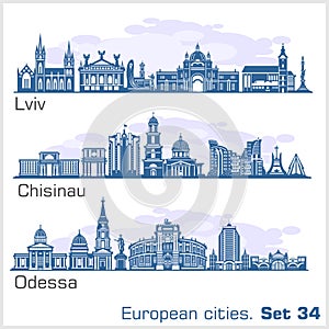 Odessa, Lviv, Chisinau - European City skyline set. Vector silhouette on white illustration. photo
