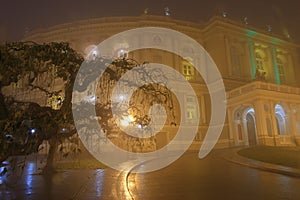 Odessa Opera and Ballet Theater on a foggy night