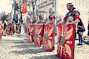 Odessa, Ukraine - March 2018 Roman legion empire soldiers old armor