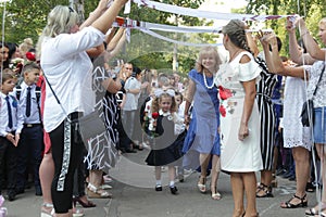 ODESSA UKRAINE - September 1, 2019: First call. 1 September is Day of Knowledge. Solemn school line, first grade, back to school.