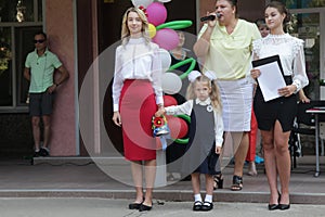 ODESSA UKRAINE - September 1, 2019: First call. 1 September is Day of Knowledge. Solemn school line, first grade, back to school.