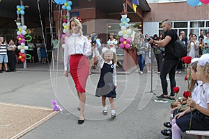 ODESSA UKRAINE - September 1, 2019: First call. 1 September is Day of Knowledge. Solemn school line, first grade, back to school.