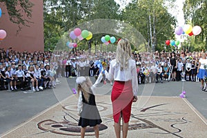 ODESSA UKRAINE - September 1, 2019: First call. 1 September is Day of Knowledge. Solemn school line, first grade, back to school.