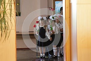 ODESSA UKRAINE - September 1, 2019: First call. 1 September is Day of Knowledge. Solemn school line, first grade, back to school.