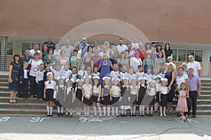 ODESSA UKRAINE - September 1, 2019: First call. 1 September is Day of Knowledge. Solemn school line, first grade, back to school.
