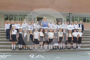 ODESSA UKRAINE - September 1, 2019: First call. 1 September is Day of Knowledge. Solemn school line, first grade, back to school.