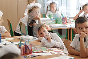 ODESSA UKRAINE - September 1, 2019: First call. 1 September is Day of Knowledge. Solemn school line, first grade, back to school.