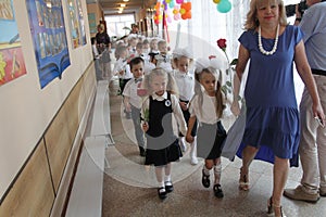 ODESSA UKRAINE - September 1, 2019: First call. 1 September is Day of Knowledge. Solemn school line, first grade, back to school.