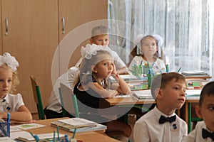 ODESSA UKRAINE - September 1, 2019: First call. 1 September is Day of Knowledge. Solemn school line, first grade, back to school.