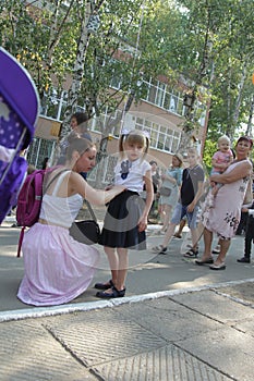 ODESSA UKRAINE - September 1, 2019: First call. 1 September is Day of Knowledge. Solemn school line, first grade, back to school.