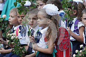 ODESSA UKRAINE - September 1, 2019: First call. 1 September is Day of Knowledge. Solemn school line, first grade, back to school.