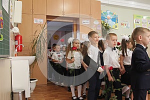 ODESSA UKRAINE - September 1, 2019: First call. 1 September is Day of Knowledge. Solemn school line, first grade, back to school.