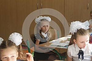 ODESSA UKRAINE - September 1, 2019: First call. 1 September is Day of Knowledge. Solemn school line, first grade, back to school.