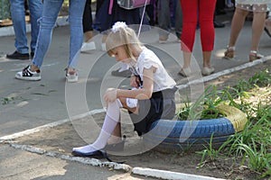 ODESSA UKRAINE - September 1, 2019: First call. 1 September is Day of Knowledge. Solemn school line, first grade, back to school.