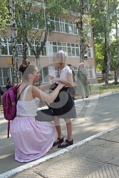 ODESSA UKRAINE - September 1, 2019: First call. 1 September is Day of Knowledge. Solemn school line, first grade, back to school.