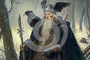 Odin Skandinavian god with his ravens Huginn, Muninn. Concept illustration. Sumarsdag holiday March 20th greeting card